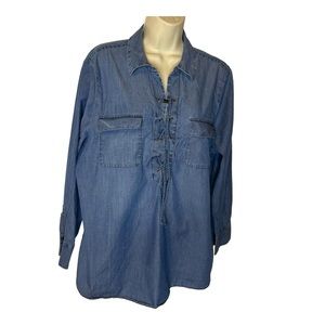 Chico’s Women’s Blue Chambray Denim Long Sleeved Cotton Top